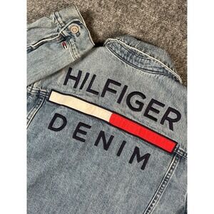 Vintage Tommy Hilfiger Trucker Jacket women Large spell out Biker‎ Grunge Y2K